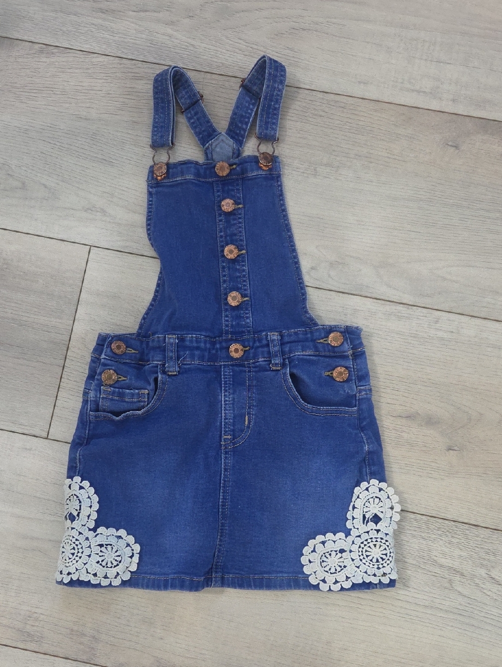 Soho Blue Denim Pinafore Skirt with White Lace Trim